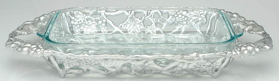 Grape (Aluminum, Hollowware) 3 Qt Glass Rectangular Casserole W/Holder by Arthur Court-1