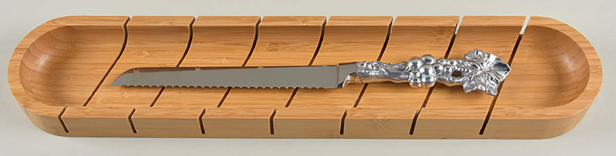 Grape (Aluminum, Hollowware) Wood Baguette Cutting Board & Knife Set by Arthur Court-1