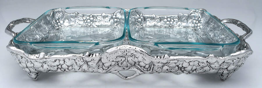 Grape (Aluminum, Hollowware) Rectangular Double Casserole Holder w/Pyrex Liners by Arthur Court-1
