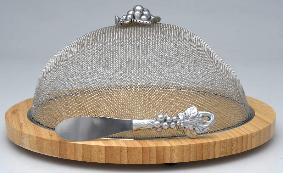 Grape (Aluminum, Hollowware) Wood Cheese Board & Mesh Dome with Spreader by Arthur Court-1
