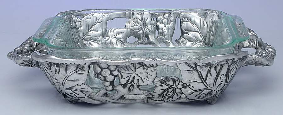 Grape (Aluminum, Hollowware) Square Casserole Holder with Pyrex Liner by Arthur Court-1