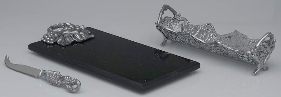 Grape (Aluminum, Hollowware) Wood Cheese Board & Cracker Dish with Knife Set by Arthur Court-1