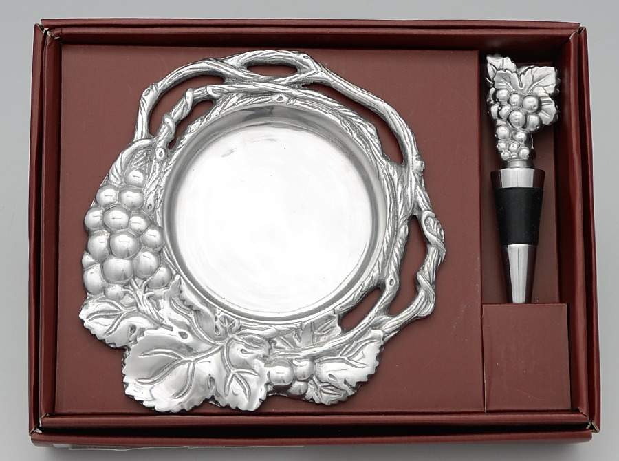 Grape (Aluminum, Hollowware) Bottle Caddy & Stopper Set by Arthur Court-1