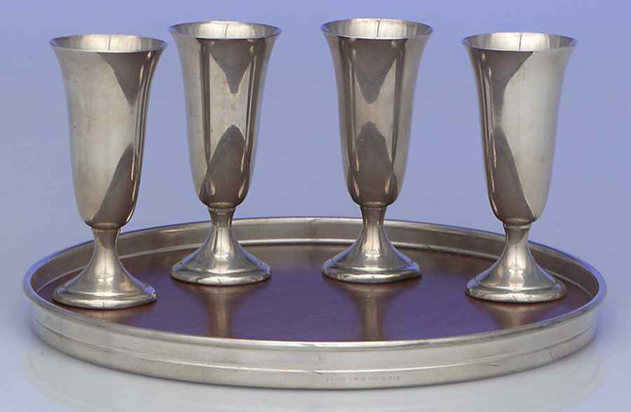 S247 (Sterling, Hollowware) (5 Pc) Cordials (4 Cordials with 6" Brown Lucite Tray by Alvin-1