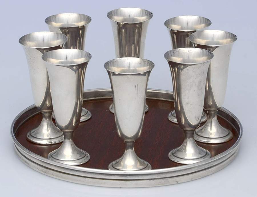 S247 (Sterling, Hollowware) Cordial - Set of 8 with Sterling Band Tray by Alvin-1