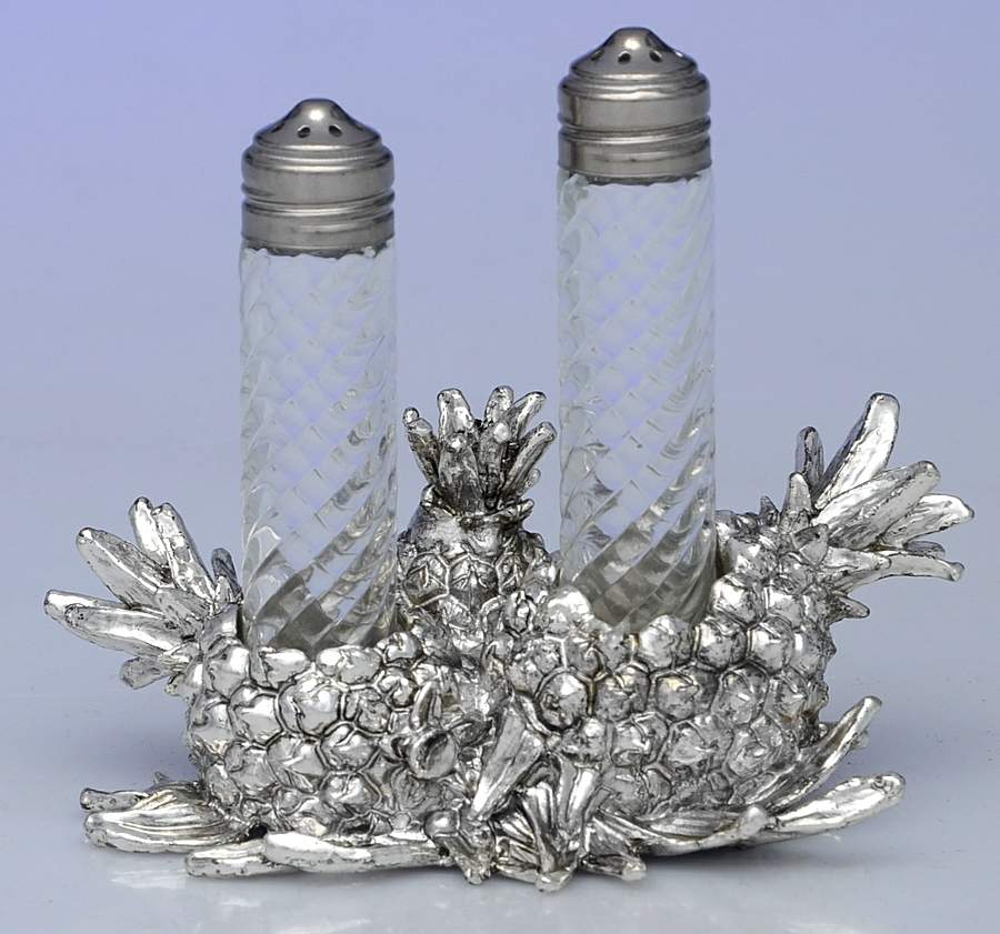 Pineapple (Aluminum, Hollowware) Crystal Salt & Pepper W/Metal Stand by Arthur Court-1