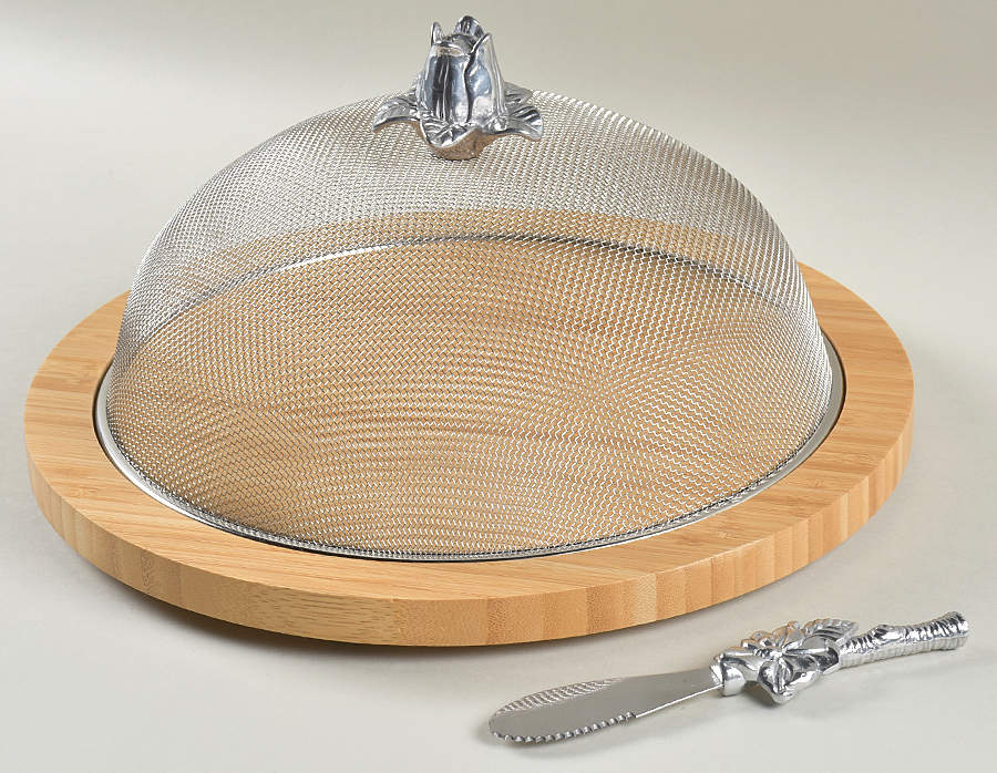 Magnolia (Aluminum, Hollowware) Wood Cheese Board & Mesh Dome with Spreader by Arthur Court-1
