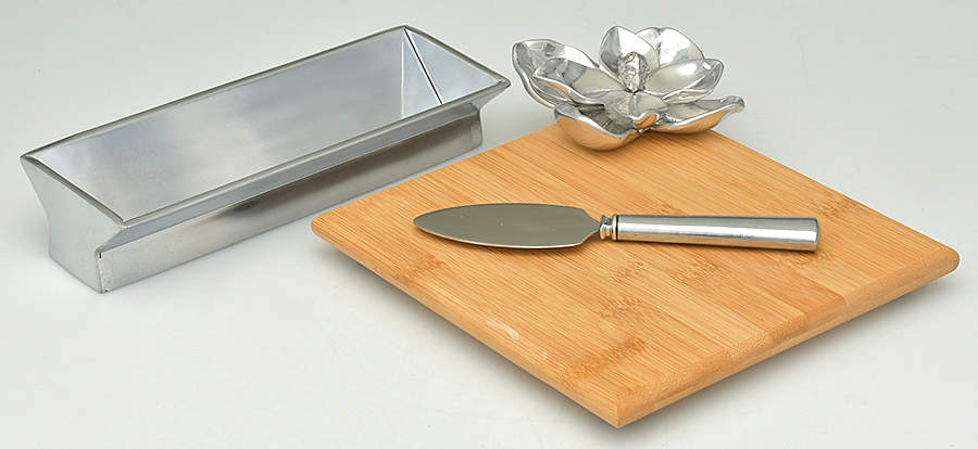 Magnolia (Aluminum, Hollowware) Wood Cheese Board & Cracker Tray with Knife Set by Arthur Court-1