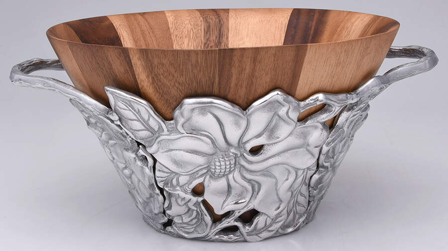 Magnolia (Aluminum, Hollowware) 12" Wood Salad Serving Bowl & Metal Stand by Arthur Court-1
