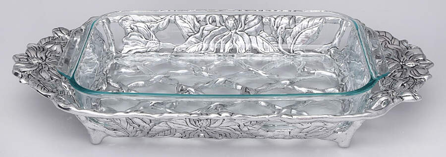 Magnolia (Aluminum, Hollowware) Rectangular Casserole Holder with Pyrex Liner by Arthur Court-1