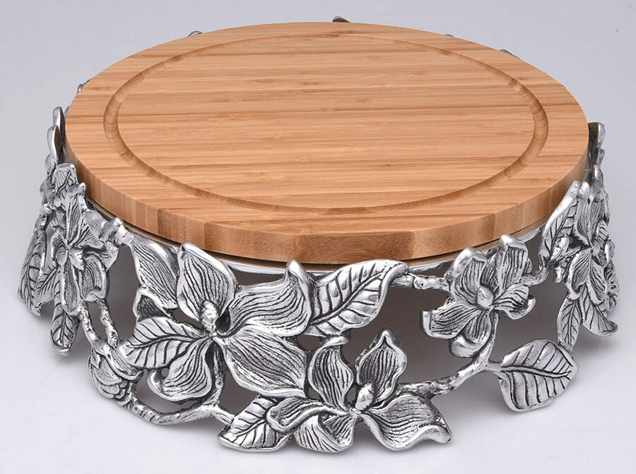 Magnolia (Aluminum, Hollowware) Cheese Plate with Wood Insert by Arthur Court-1