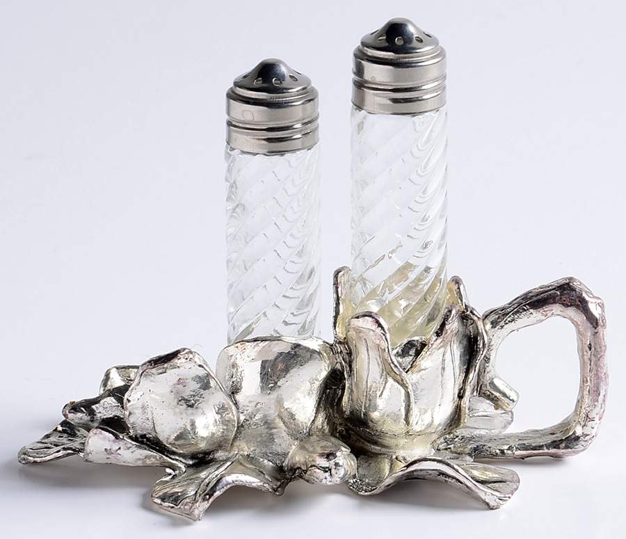 Magnolia (Aluminum, Hollowware) Crystal Salt & Pepper W/Metal Stand by Arthur Court-1