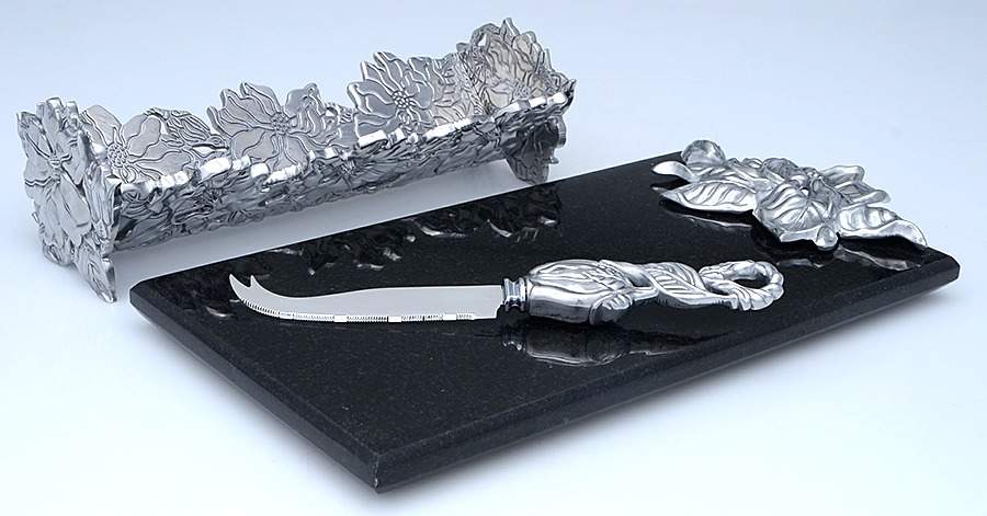 Magnolia (Aluminum, Hollowware) Wood Cheese Board & Cracker Tray with Knife Set by Arthur Court-1