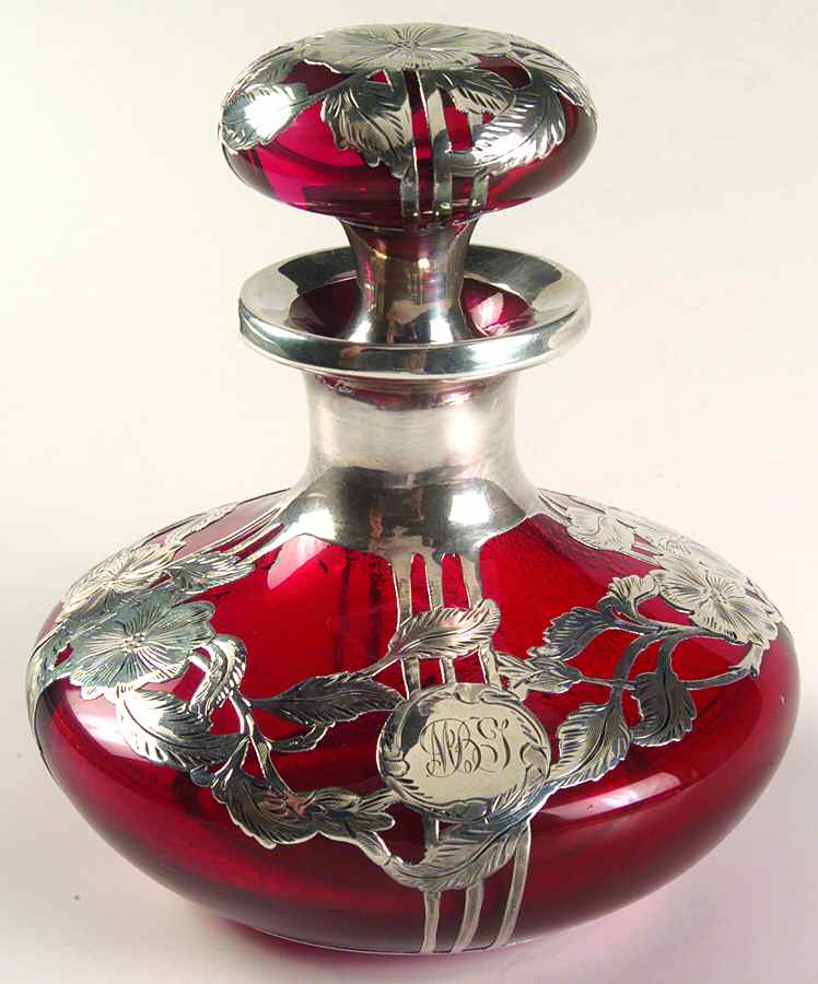 Glass with Sterling Overlay Ruby Crystal Perfume Bottle with Sterling Overlay by Alvin-1