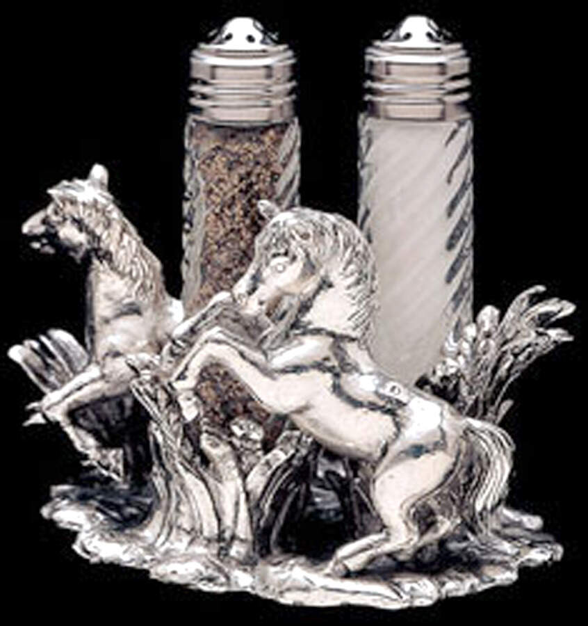 Horse (Aluminum, Hollowware) Crystal Salt & Pepper W/Metal Stand by Arthur Court-1