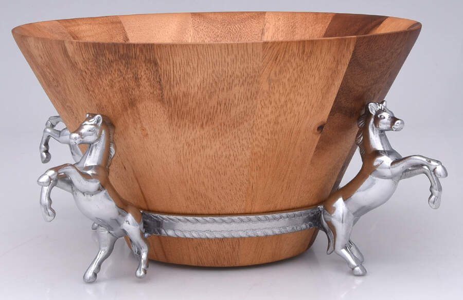 Horse (Aluminum, Hollowware) 12" Wood Salad Serving Bowl & Metal Stand by Arthur Court-1