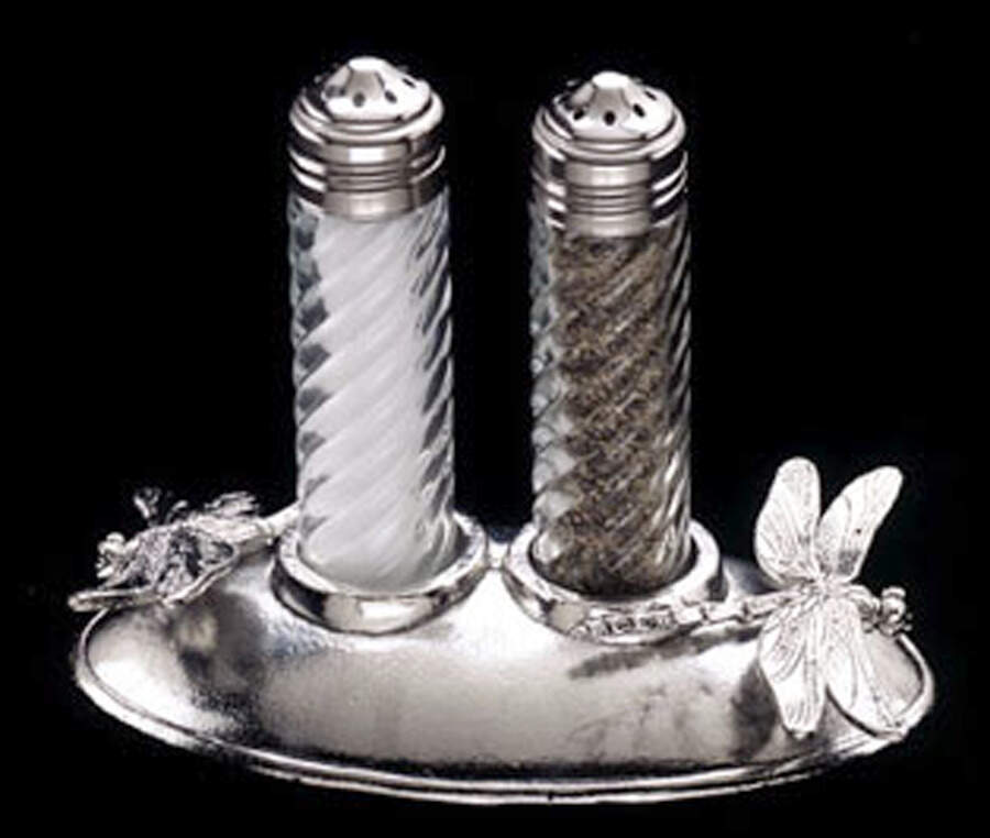 Dragonfly (Aluminum, Hollowware) Crystal Salt & Pepper W/Metal Stand by Arthur Court-1