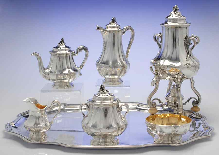 AUD1 (Sterling, Hollowware) 7 Piece Tea Set (SCP, STP, SCR, SSUB, SWB,WT26, URN) by Andre Aucoc-1