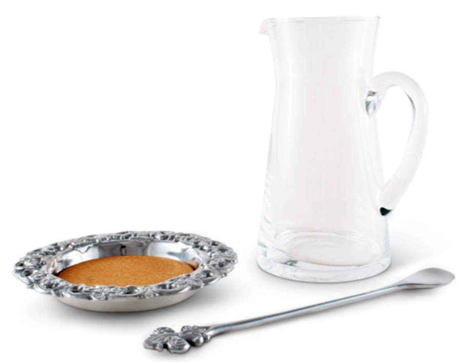 Fleur de Lis (Aluminum, Serveware) 40 Oz Glass Pitcher with Coaster & Stirrer Set by Arthur Court-1