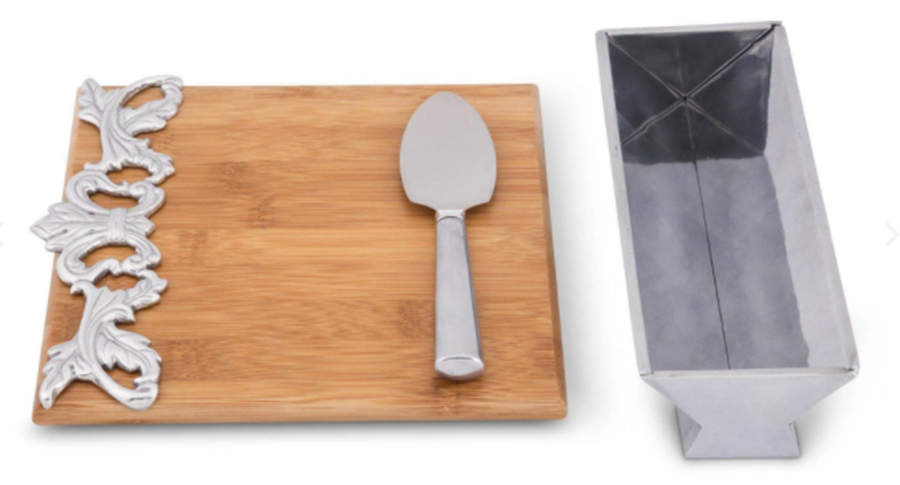 Fleur de Lis (Aluminum, Serveware) Wood Cheese Board & Cracker Tray with Knife Set by Arthur Court-1