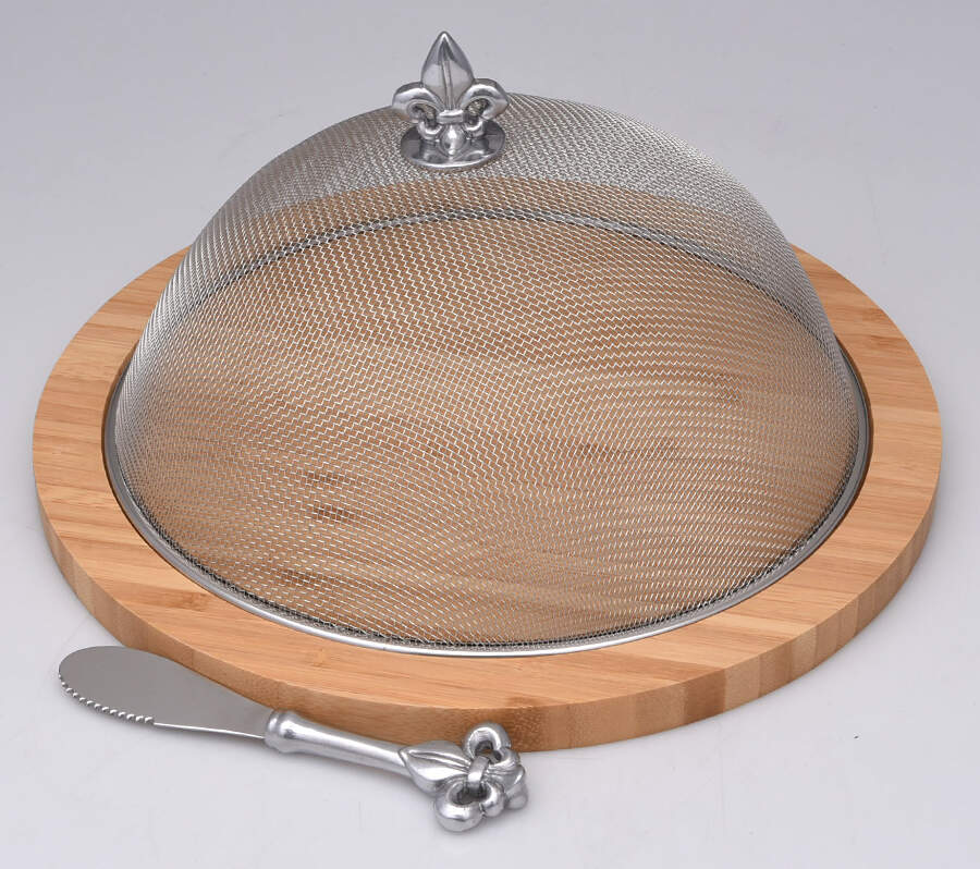 Fleur de Lis (Aluminum, Serveware) Wood Cheese Board & Mesh Dome with Spreader by Arthur Court-1