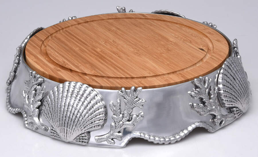 Wonders of the Water (Aluminum, Serveware) Cheese Plate with Wood Insert by Arthur Court-1