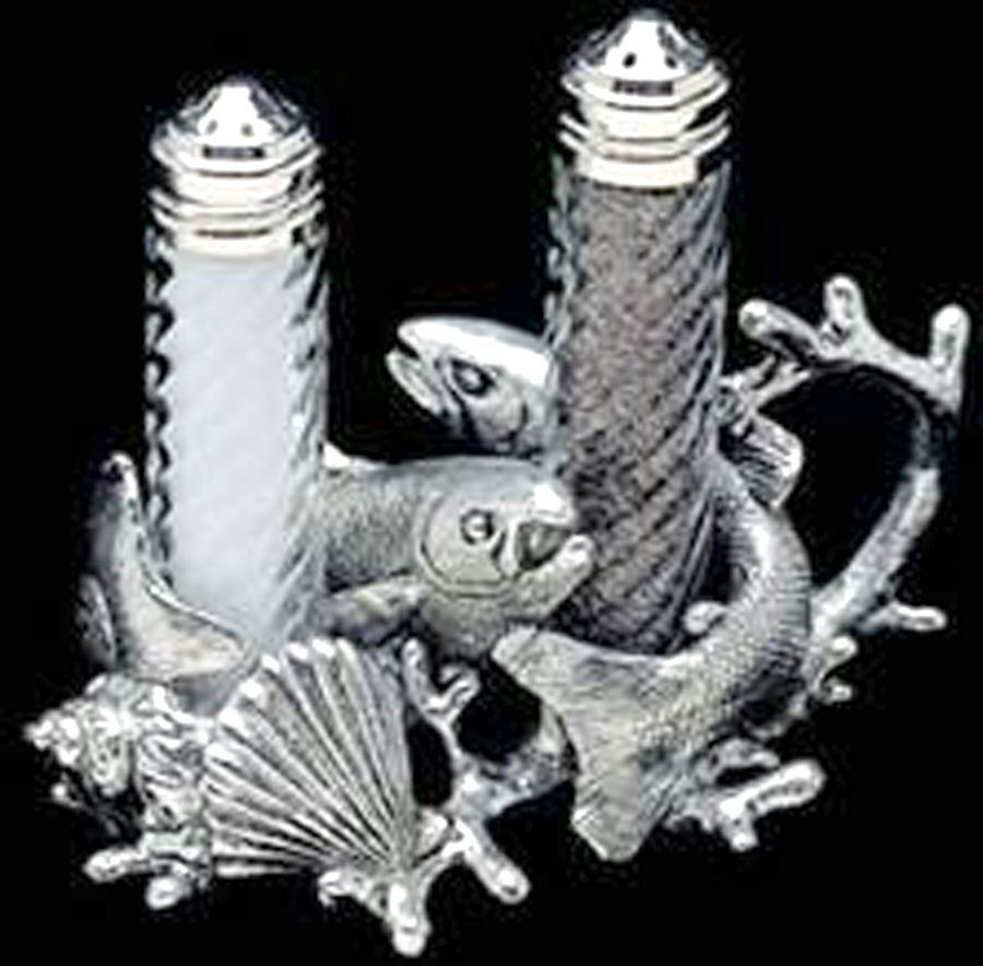 Wonders of the Water (Aluminum, Serveware) Crystal Salt & Pepper Set W/Metal Stand by Arthur Court-1