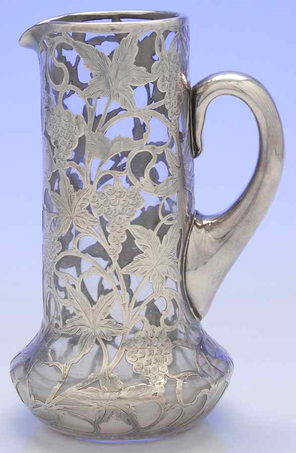 3656 (Sterling, Hollowware) 40 Oz Glass Pitcher with Sterling Overlay & Handle by Alvin-1