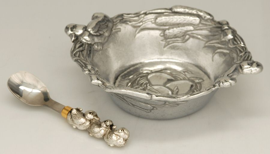 Ducks (Aluminum, Hollowware) Baby Bowl & Spoon Set by Arthur Court-1