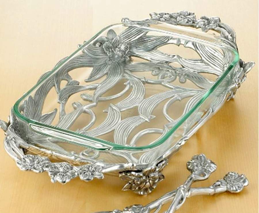 Orchid (Aluminum, Hollowware) 3 Qt Rectangular Glassware Baker with Liner by Arthur Court-1