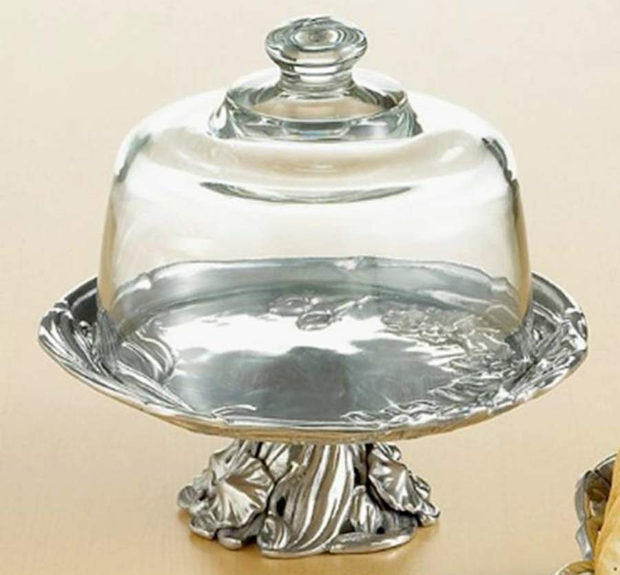 Orchid (Aluminum, Hollowware) Cheese Stand with Glass Dome by Arthur Court-1