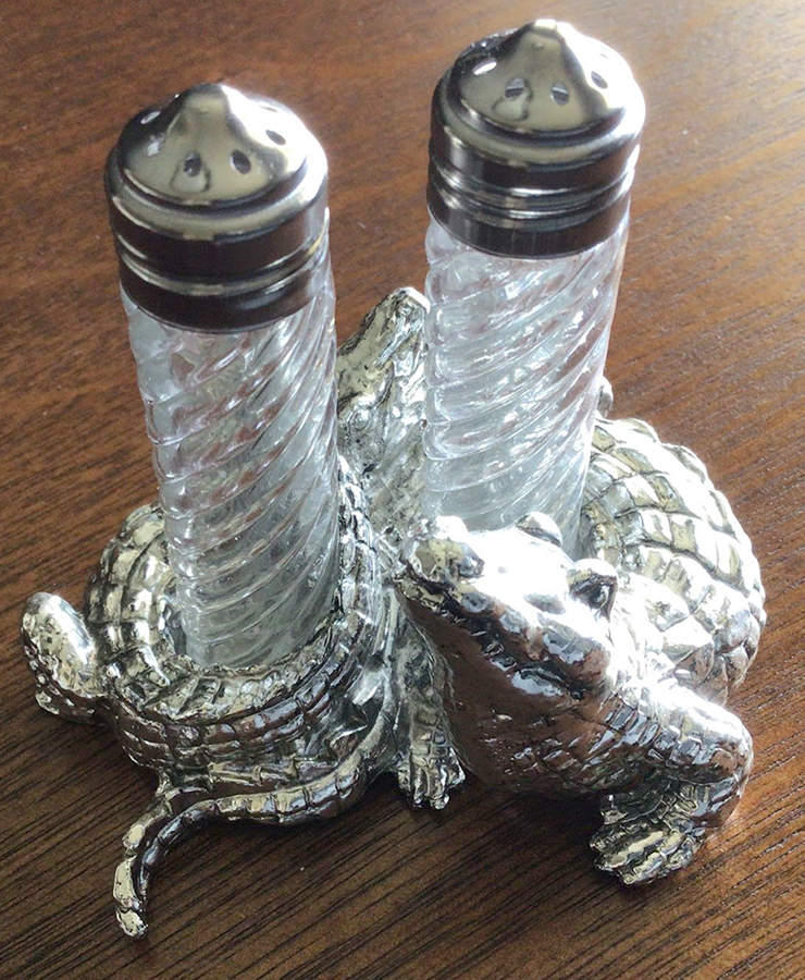Alligator (Aluminum, Hollowware) Glass Salt & Pepper Set with Metal Holder by Arthur Court-1