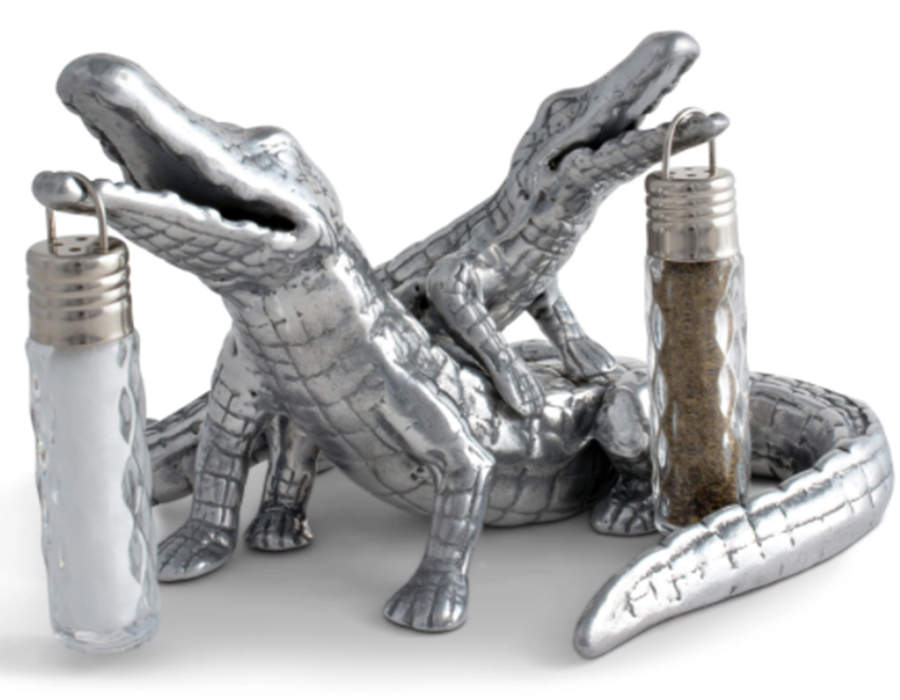 Alligator (Aluminum, Hollowware) Hanging Salt/Pepper Shaker Set w/Holder by Arthur Court-1