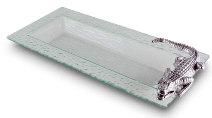 Alligator (Aluminum, Hollowware) 18" Rectangular Glass Tray with Metal Accent by Arthur Court-1