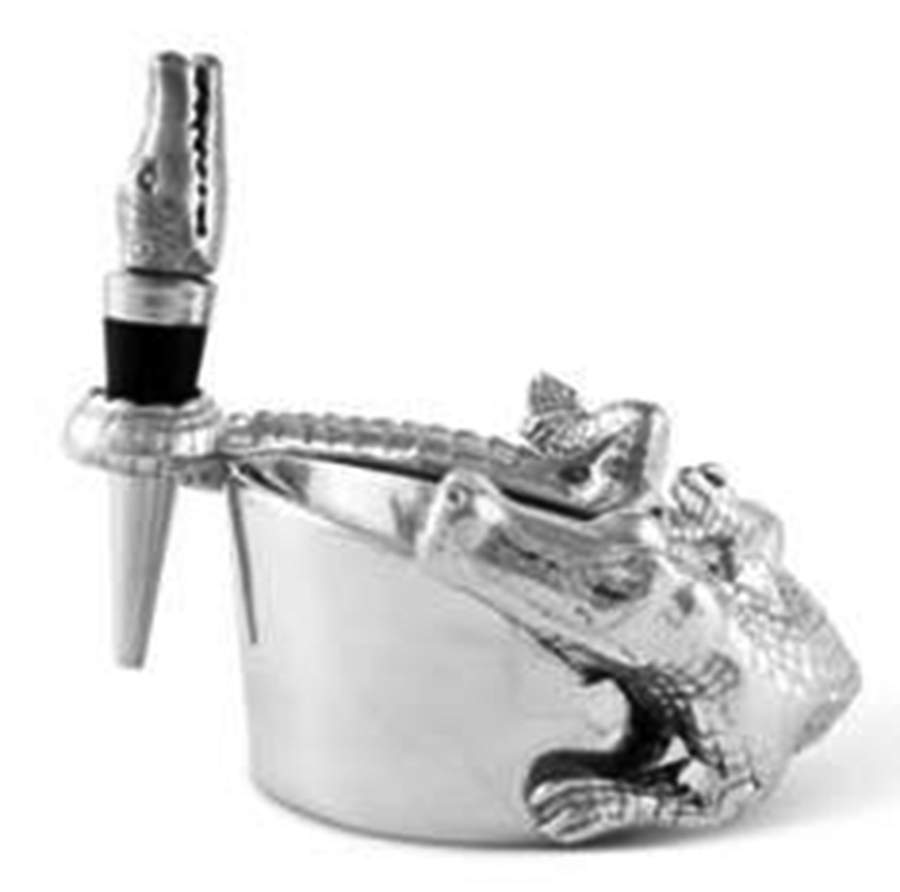Alligator (Aluminum, Hollowware) Bottle Caddy & Stopper Set by Arthur Court-1