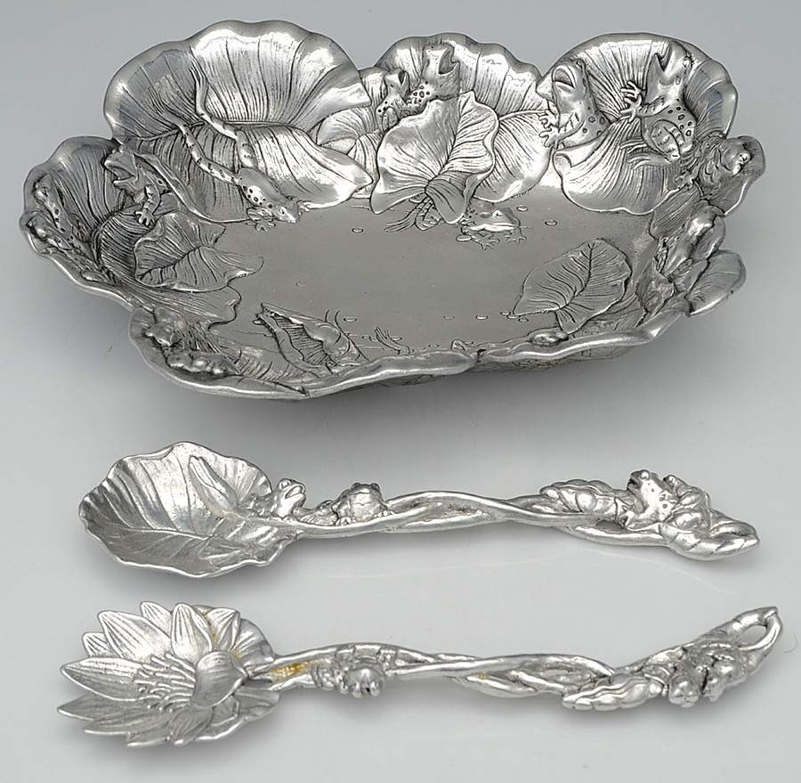 Frog (Aluminum, Hollowware) Salad Serving Bowl with Fork and Spoon by Arthur Court-1