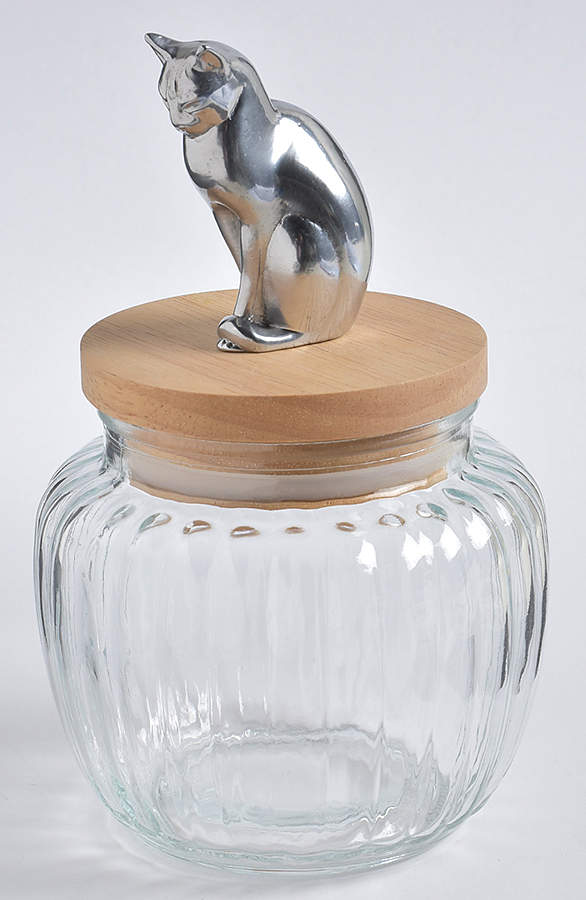 Pet (Metal, Hollowware) Glas Cat Treat Jar with Wood Lid by Arthur Court-1