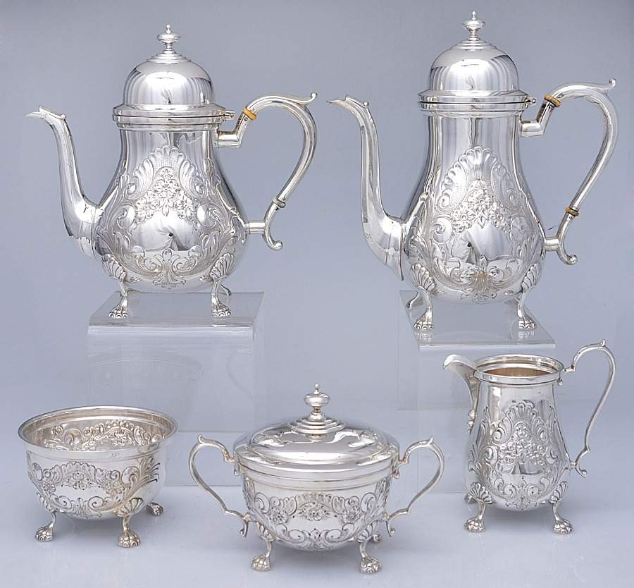 824 (Sterling, Hollowware) 5 Piece Tea Set (SCP, STP, SCR, SSU, SWB) by Amston-1