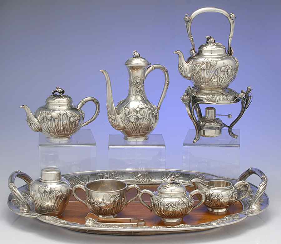A3B1 (Sterling, Hollowware) 9 Piece Tea Set (SCP,STP,SCR,SSU,SWB,SKES,TCAD,SUT,WT25W) by Arthur & Bond-1