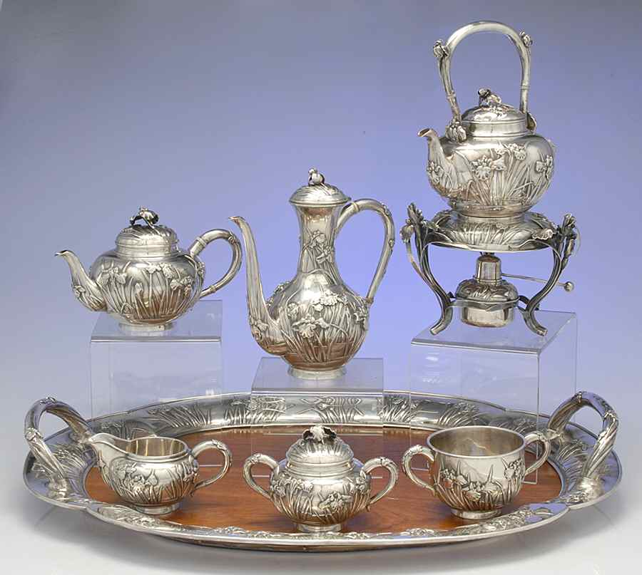 A3B1 (Sterling, Hollowware) 7 Piece Tea Set (SCP, STP, SCR, SSU, SWB, SKES & WTL) by Arthur & Bond-1