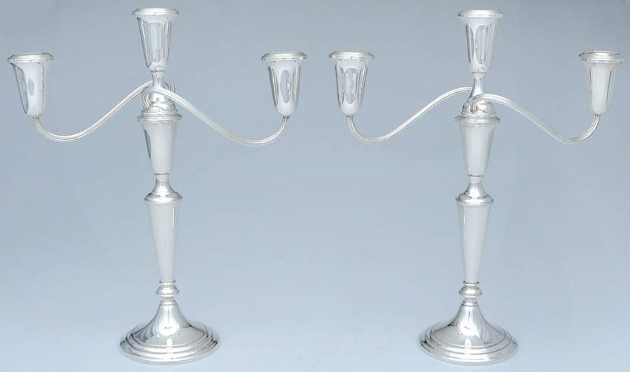 S279 (Sterling, Hollowware) Pair of Weighted 3 Light Candelabras by Alvin-1
