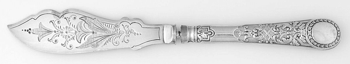A5B1 (Silverplate) Indiv Bright Cut Hollow Hdl Plate Blade Fish Knife by Alfred Bromet & Co-1