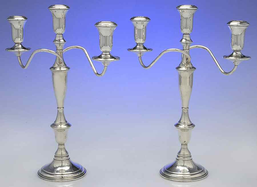 A4M1 (Sterling, Hollowware) Pair of 13" 3 Light Candelabra by AMC-1