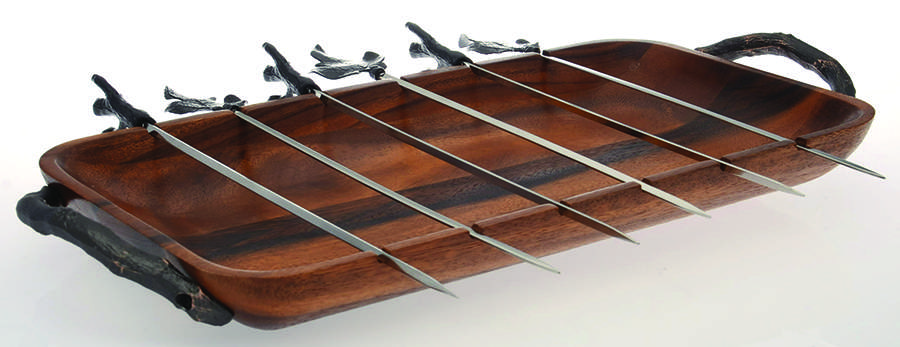 Fig Leaf (Metal, Hollowware) Wood Skewer Tray & 6 Skewers by Michael Aram-1