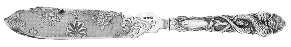 Dolphin (Coin) Hollow Handle Bright Cut Solid Cake Saw by Albert Coles-1
