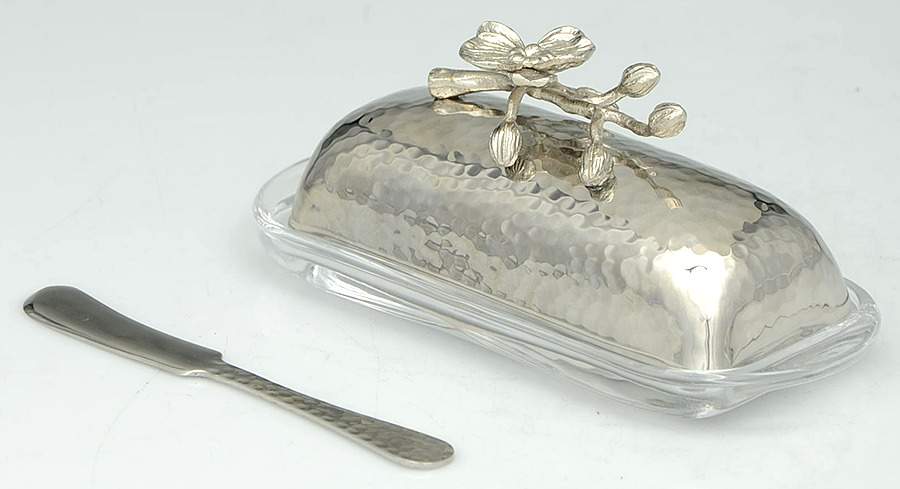 White Orchid (Nickelplate, Hollowware) Metal Lid Glass Base 1/4 Pound Butter by Michael Aram-1