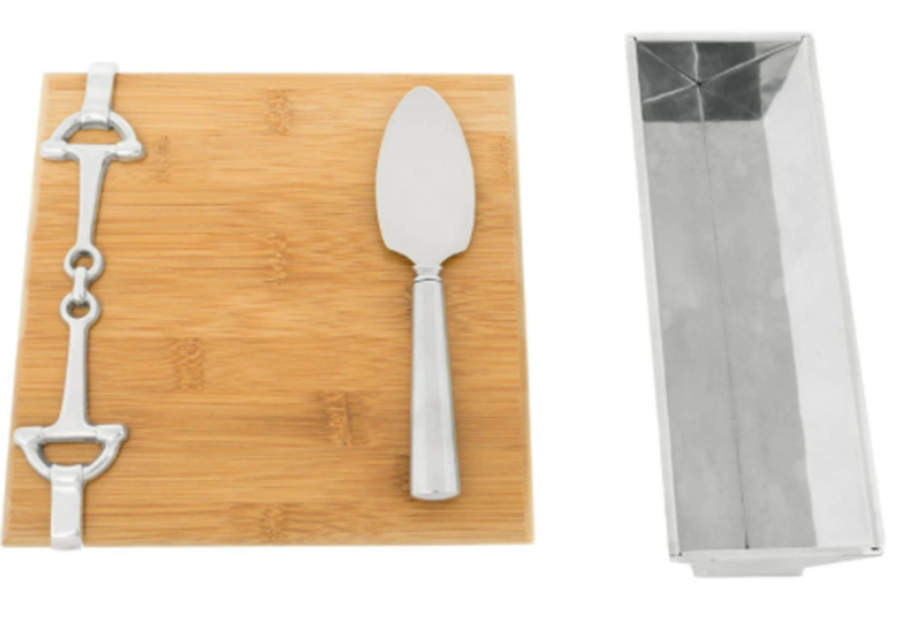 Equestrian (Aluminum, Hollowware) Wood Cheese Board & Cracker Tray with Knife Set by Arthur Court-1