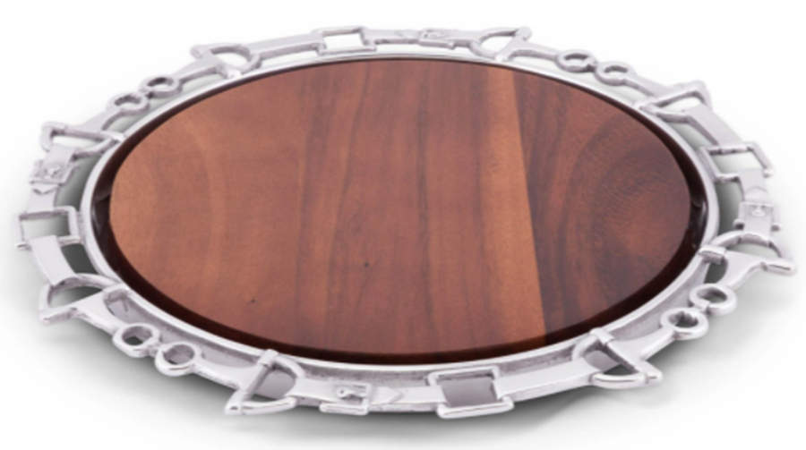 Equestrian (Aluminum, Hollowware) Round Wood Cheese Board with Metal Holder by Arthur Court-1