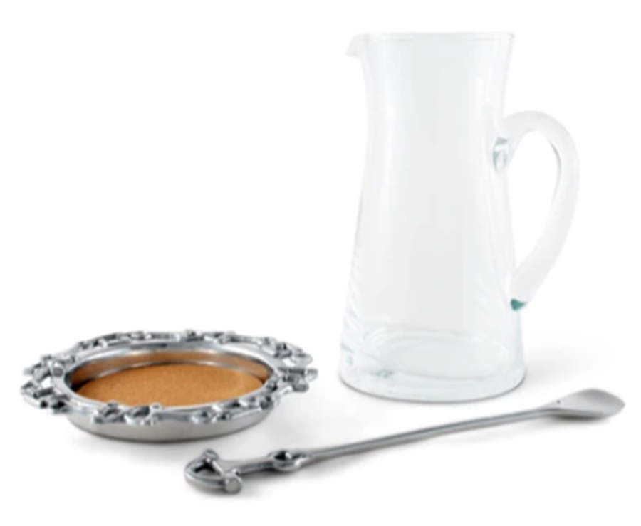 Equestrian (Aluminum, Hollowware) 40 Oz Glass Pitcher with Coaster & Stirrer Set by Arthur Court-1