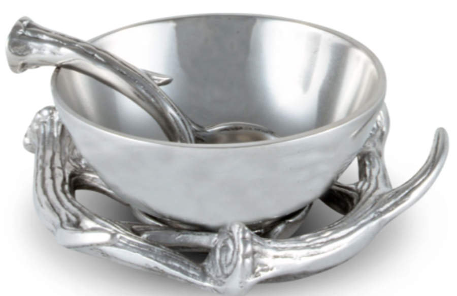 Antler (Pewter, Hollowware) Condiment Bowl & Underplate with Spoon by Arthur Court-1